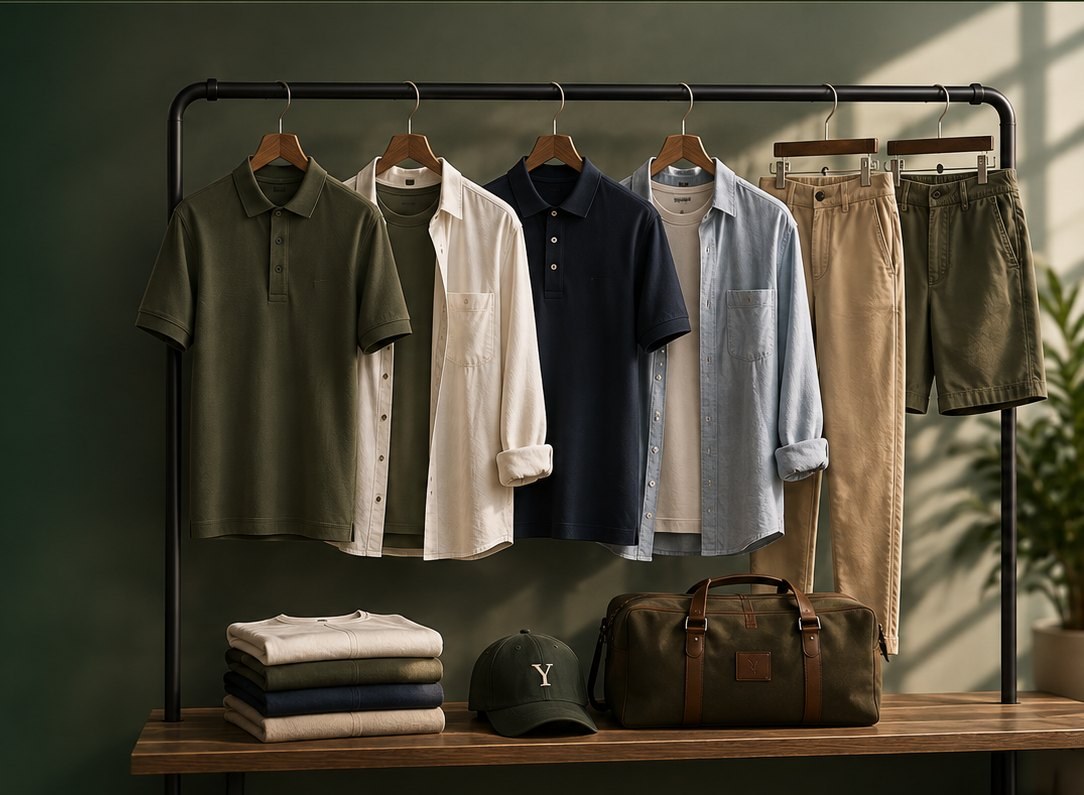 Yarnstick apparel — polos, shirts, chinos and knits on a rack